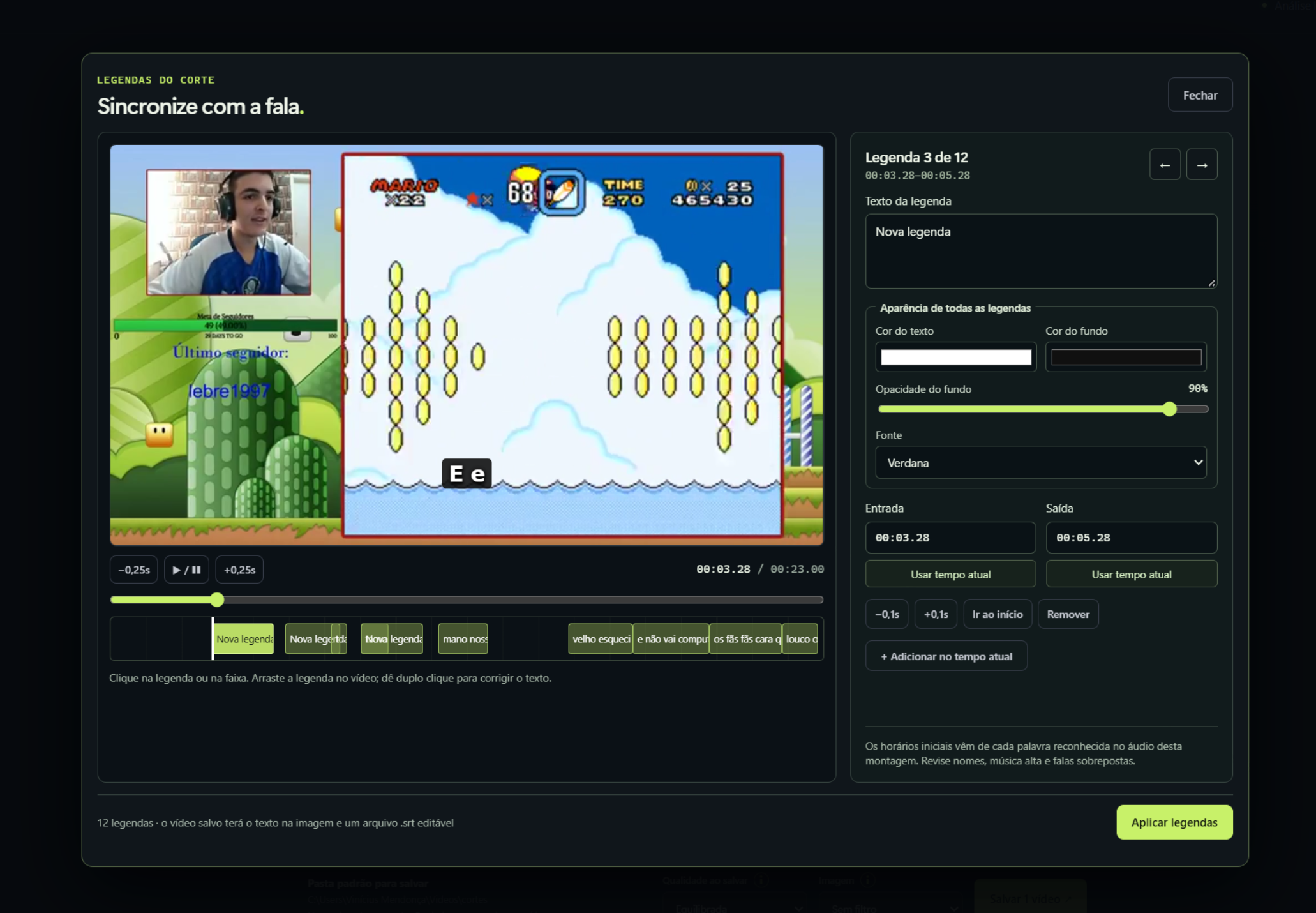 Tela real de edição de legendas do GameClip, com prévia do vídeo, faixa de legendas e controles de texto e tempo.