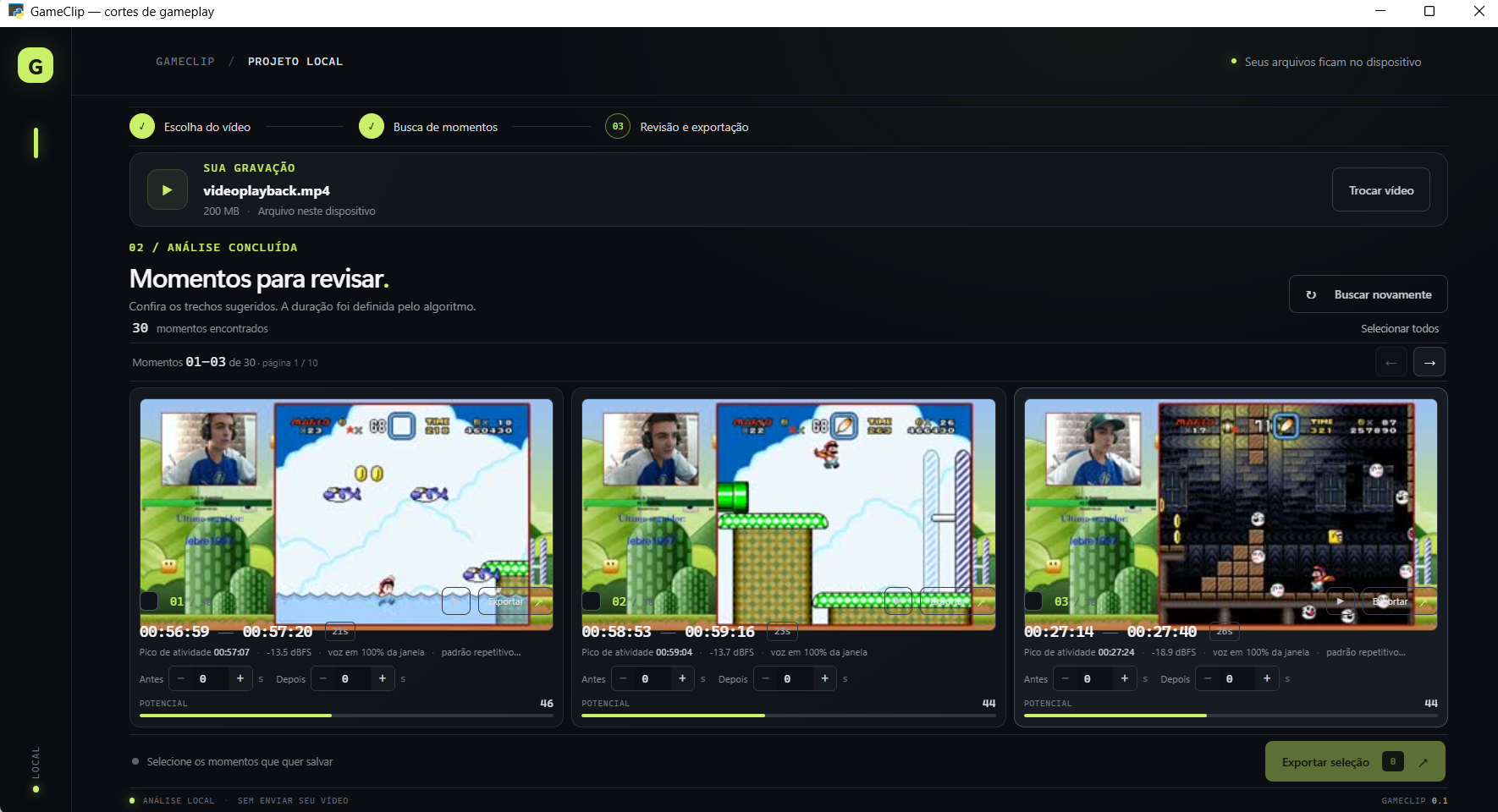 Tela real do GameClip exibindo três cortes sugeridos de uma gravação de gameplay, com prévias e notas de potencial.