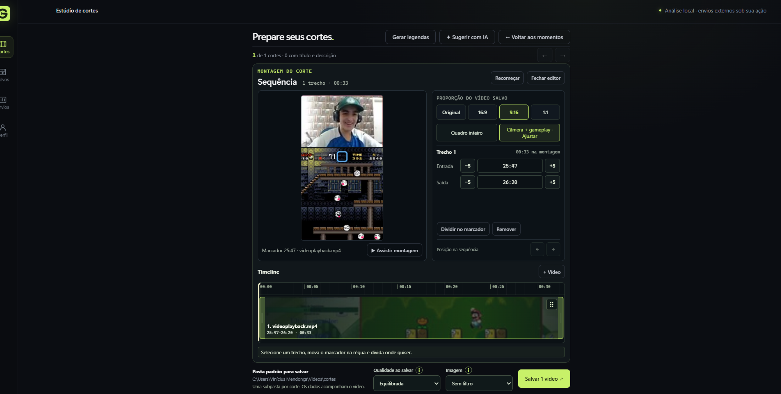 Tela real de montagem do GameClip, com prévia vertical, controles de enquadramento e timeline.